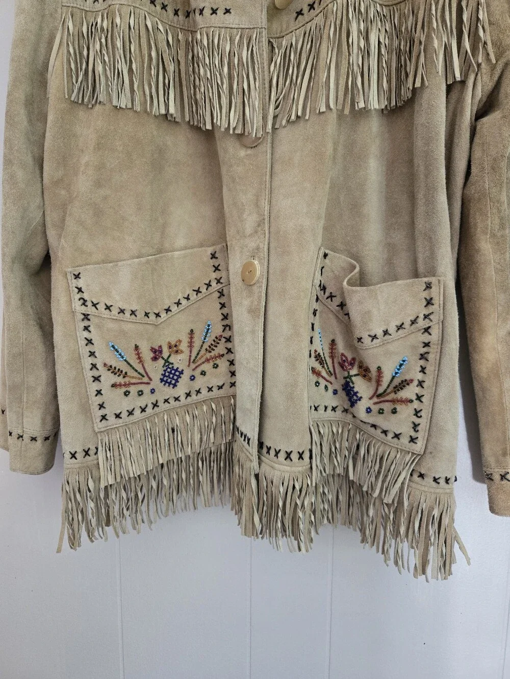Vintage Double D Ranch Fringe Suede Leather Jacket Beaded Embroidery Western L - Picture 4 of 16